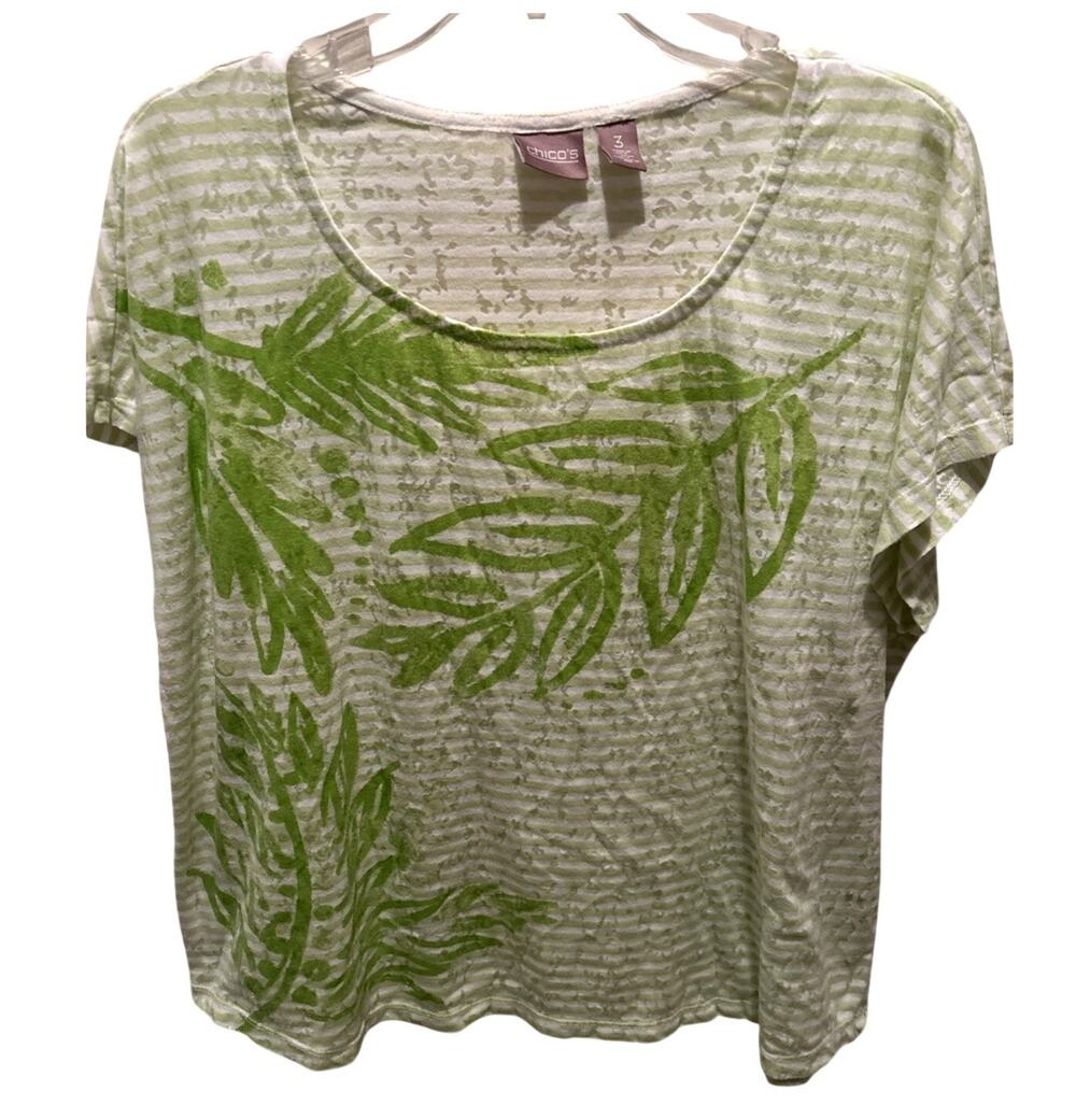 Chicos Tropical Leaf-Print Bateau-Neck Sweater Women's Size 3/XL Green & White